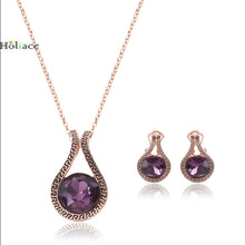 Retro Purple Austrian Crystal Gold color Pendant Drop Earrings Jewelry Sets