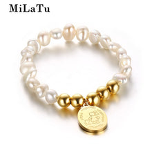 MiLaTu Freshwater Pearl Bracelet Bangle For Women Gold color Stainless Stee