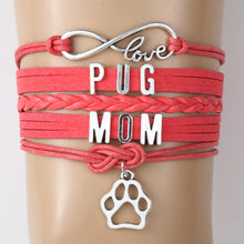 (10pcs/lot) Infinity Love PUG MOM Bracelet Dog Paw Charm Leather Rope Wrap