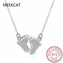 MEEKCAT Real 925 Sterling Silver CZ Rhinestone Mother and Baby Foot Pendant