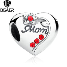 Authentic 925 Sterling Silver MOM Red Heart Bead Charms Fit Pandora Bracele