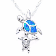 Ocean Blue Fire Opal Pendant Necklace Featuring Sea Turtle Mom and Baby-in