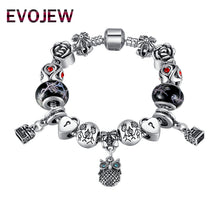 EVOJEW 925 Silver Vivid Owl Pendant Love Family Glass Charm Beads Charm Bra