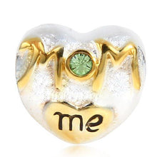 MOM love me Heart Beads with Peridot Crystal 100% 925 Sterling Silver Charm