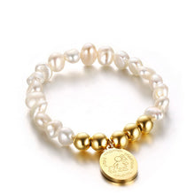 Women Real Pearl Bead Bracelets with Stainless Steel Pendant Gold Mother's