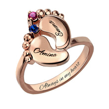Rose Gold Color Baby feet Ring with Birthstone Engraved Mother Ring Gift fo