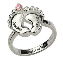 White Gold Color Engraved Baby Feet Ring with Birthstone Jewelry for New Mo