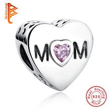 BELAWANG 925 Sterling Silver Pink CZ Openwork Mom Charm Beads Fit Original