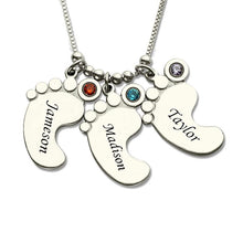 Moms Jewelry Silver Baby Feet Charm Necklace with Birthstone  Kids Name Nec