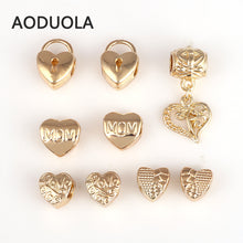 9 Pcs Mix heart MOM and Love Heart Series Beads Gold Color Alloy Big Hole D