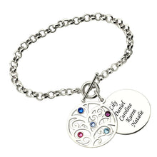 Engraved Family Tree Bracelet with Birthstones Silver Mother Bracelet Birth