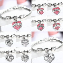 Family Mom Sister Daughter Crystal Heart Bracelet Silver Color Pink Rhinest