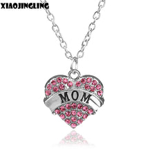 XIAOJINGLING Heart Chain Necklace Jewelry Pink Crystal  "Grandmom""Mom""Dau