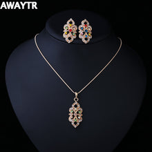 AWAYTR Elegant Flower Jewelry Set Multicolor Cubic Zircon Pendant/Earrings