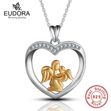 Eudora Real 100% 925 Sterling Silver Gold color Angel Mom and Baby in Cryst