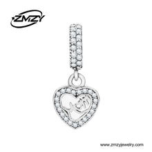 925 Sterling Silver Crystal Heart Shape Letter Mom Charms Beads European DI