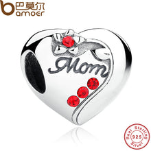 BAMOER Authentic 925 Sterling Silver MOM Red Heart Charms fit  Bracelets Mo