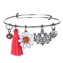 Adjustable Bangle Mom Engraved Heart Love Sunflower Tassel Beads Charms Ban