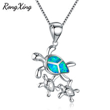 RongXing Mom & Baby Turtle Blue Fire Opal Pendants Necklaces For Women 925