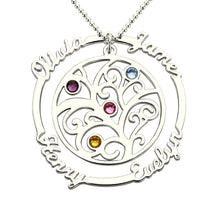 Family Tree Necklace with Birthstone Silver Hand Stamped Mother Necklace Bi