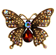 2" Vintage Butterfly Brooch Antique Gold Tone Rhinestone Crystal Diamante J