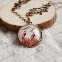 Fashion Two Lady Deers Necklace Mom Child Necklace Bronze Oliver Leaf Long