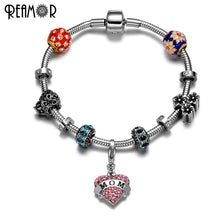 REAMOR 316l Stainless Steel Mom Heart Pendant Bracelet European Blue Crysta