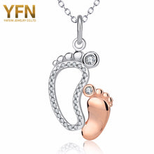 YFN Real 925 Sterling Silver CZ Rhinestone Mother and Baby Foot Pendant Nec