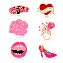 6 pcs Metal Enamel Cartoon Pins Set Sports car Rose Flower Shoes Mouth Hear