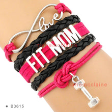 (10 PCS/lot) Infinity Love Fit Mom Dumbbell Charm Bracelets Hot Pink Black