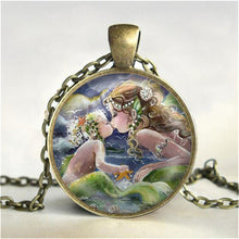 Mermaid Kissing Baby Art Print Pendant Necklace Glass Jewelry Charm Gifts f