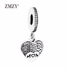 ZMZY Original 925 Sterling Silver Charms Jewelry Crystal Heart Mom Dangle B