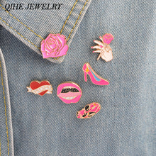 QIHE JEWELRY 6pcs/set Rose Sports Car High Heels Sexy Lips Love Mom Pin Col