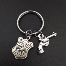 Police Dept Badge and Gun Charm Keychains Stainless Steel Keyring Fashion U