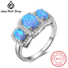 Luxury Cubic Zirconia & Oval Blue Opal Stone Women Rings Real Pure 925 Ster