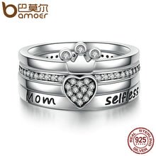 BAMOER 925 Sterling Silver Stackable Heart ,Crown ,Selfless Mom Ring for Wo