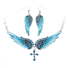 Angel wing cross necklace earrings sets women biker jewelry birthday gifts