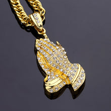 Gold Color Praying Hands Pendants Bling Jewelry Gifts Full Hand Crystal Nec
