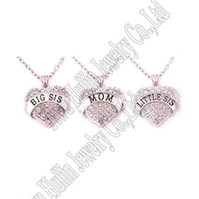 Set of 3 Big Sis MOM Little Sis Clear Crystal Heart Pendant Emblem Necklace