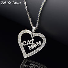 Fei Ye Paws Silver Color Crystal Zircon Cat Mom Heart Pendant Necklaces Cat
