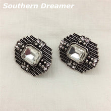 Vintage Geometric Ancient Silver Clear Square Glass Rhinestone Clip On Earr