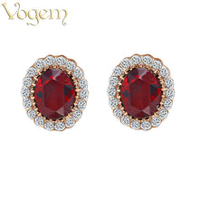 VOGEM Purple Green Blue Red Round Crystal Stud Earrings Vintage Flower Cubi