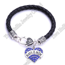 NAVY MOM  Heart leather Bracelet Crystal  Hearts Metal Dancing Art Lobster