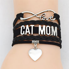 Fashion Cute Antique Silver Infinity Love CAT MOM Letters Heart Leather Cha