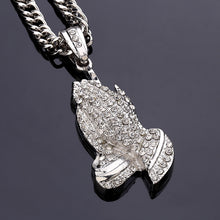 Gold Color Praying Hands Pendants Bling Jewelry Gifts Full Hand Crystal Nec