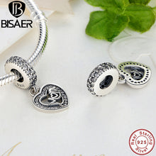 Romantic 925 Sterling Silver Clear CZ MOM SILVER DANGLE Heart Charms fit Pa