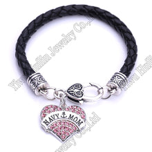 NAVY MOM  Heart leather Bracelet Crystal  Hearts Metal Dancing Art Lobster