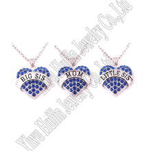 Set of 3 Big Sis MOM Little Sis Clear Crystal Heart Pendant Emblem Necklace