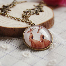 Fashion Two Lady Deers Necklace Mom Child Necklace Bronze Oliver Leaf Long