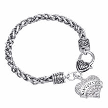 Lemegeton Crystal Navy Wife and  Navy mom  Heart Charm Lobster Claw Bracele